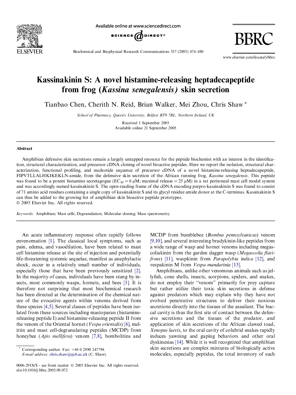 Kassinakinin S: A novel histamine-releasing heptadecapeptide from frog (Kassina senegalensis) skin secretion