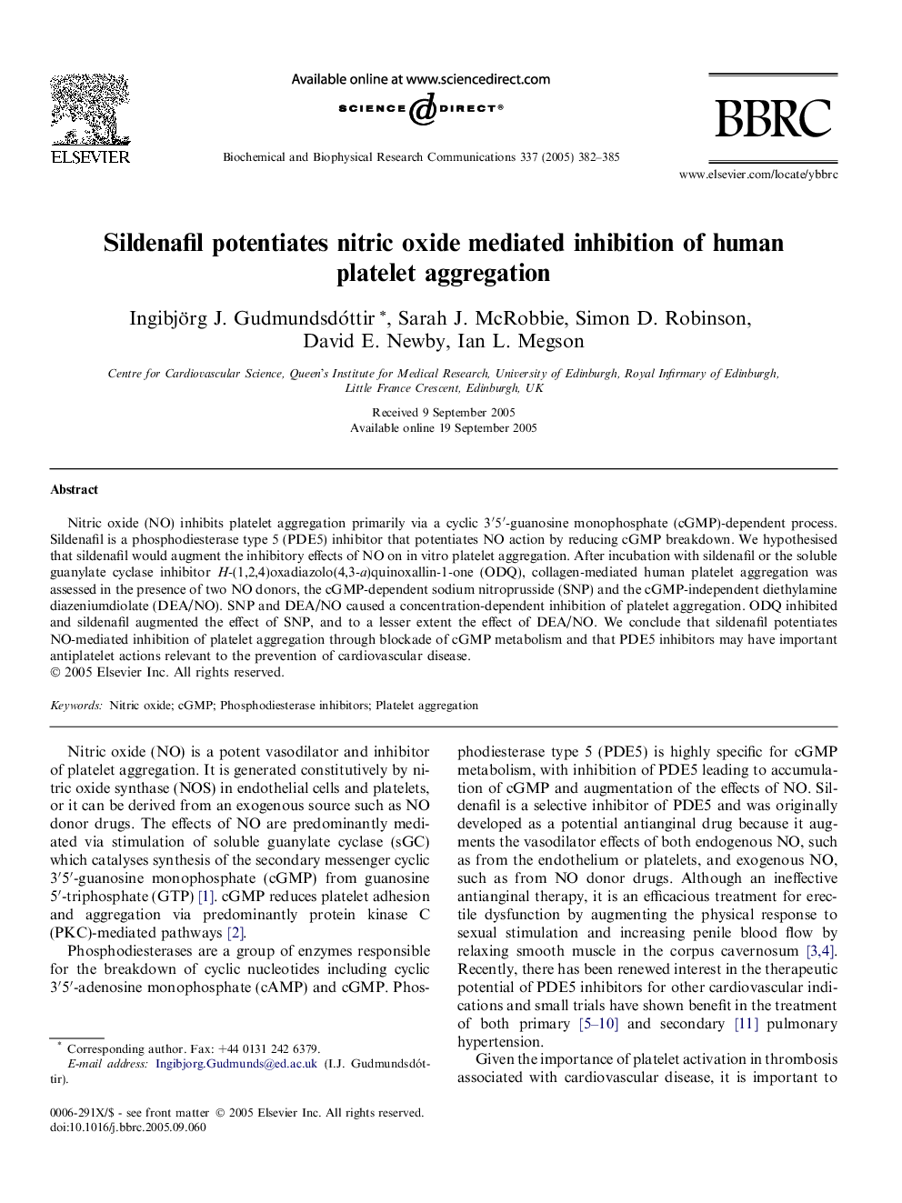 Sildenafil potentiates nitric oxide mediated inhibition of human platelet aggregation