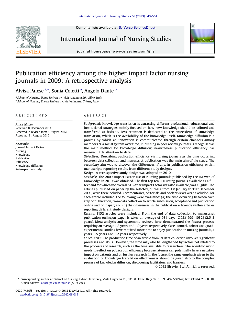Publication efficiency among the higher impact factor nursing journals in 2009: A retrospective analysis