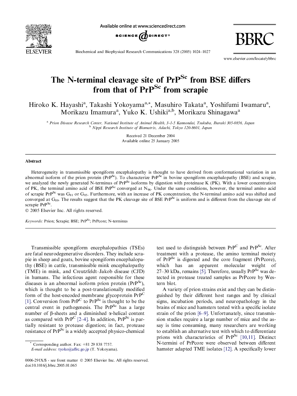 The N-terminal cleavage site of PrPSc from BSE differs from that of PrPSc from scrapie