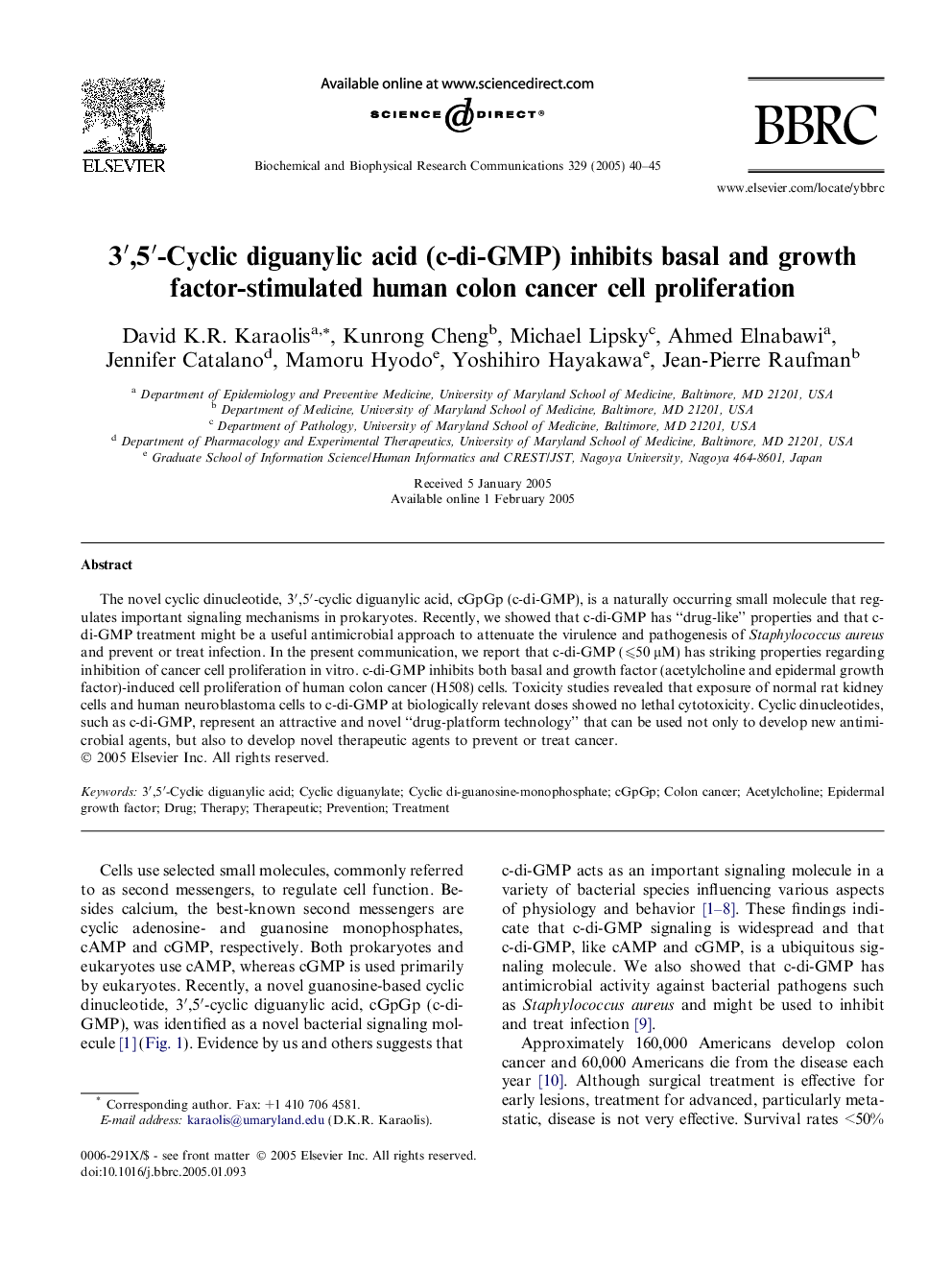 3â²,5â²-Cyclic diguanylic acid (c-di-GMP) inhibits basal and growth factor-stimulated human colon cancer cell proliferation