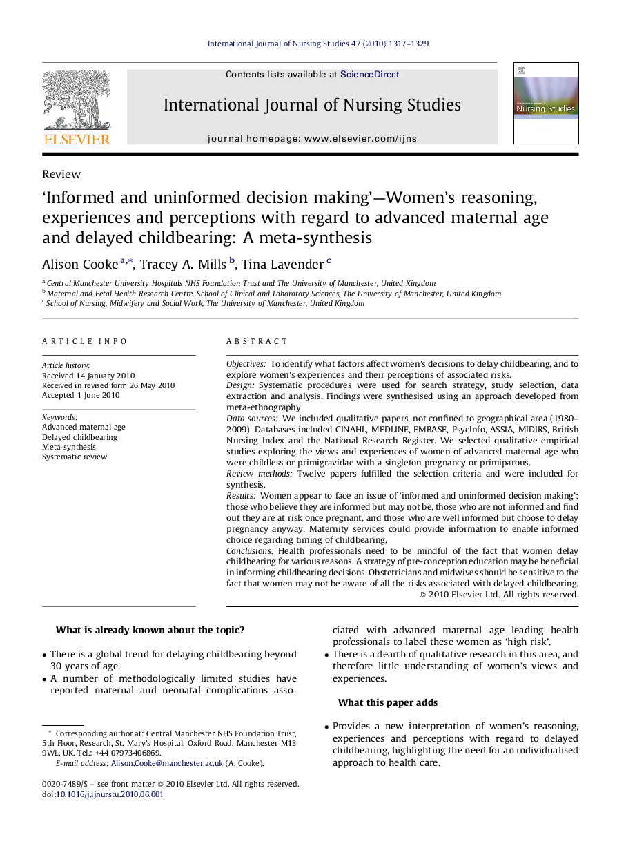 ‘Informed and uninformed decision making’—Women's reasoning, experiences and perceptions with regard to advanced maternal age and delayed childbearing: A meta-synthesis