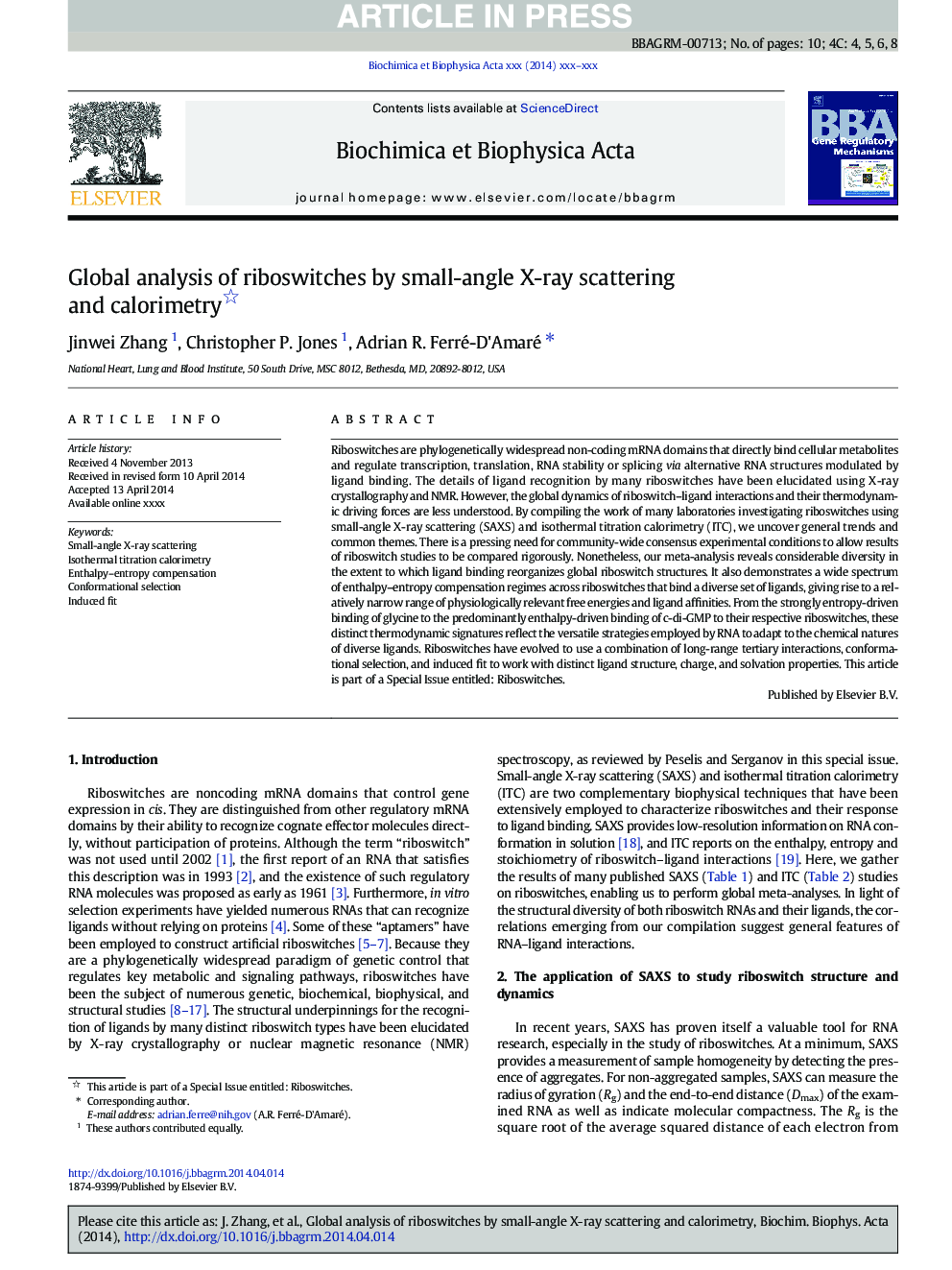Global analysis of riboswitches by small-angle X-ray scattering and calorimetry