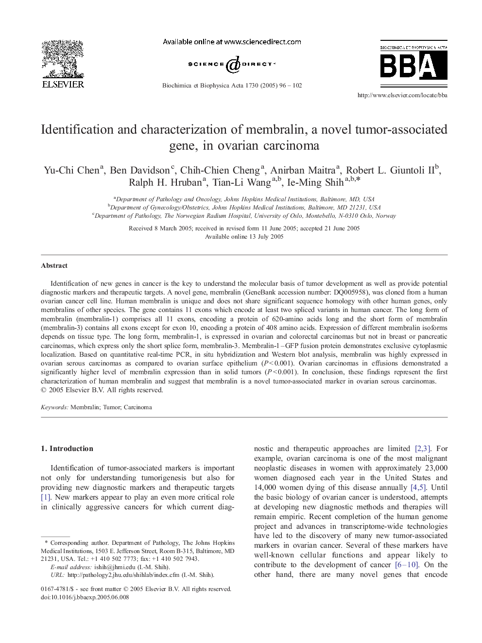 Identification and characterization of membralin, a novel tumor-associated gene, in ovarian carcinoma