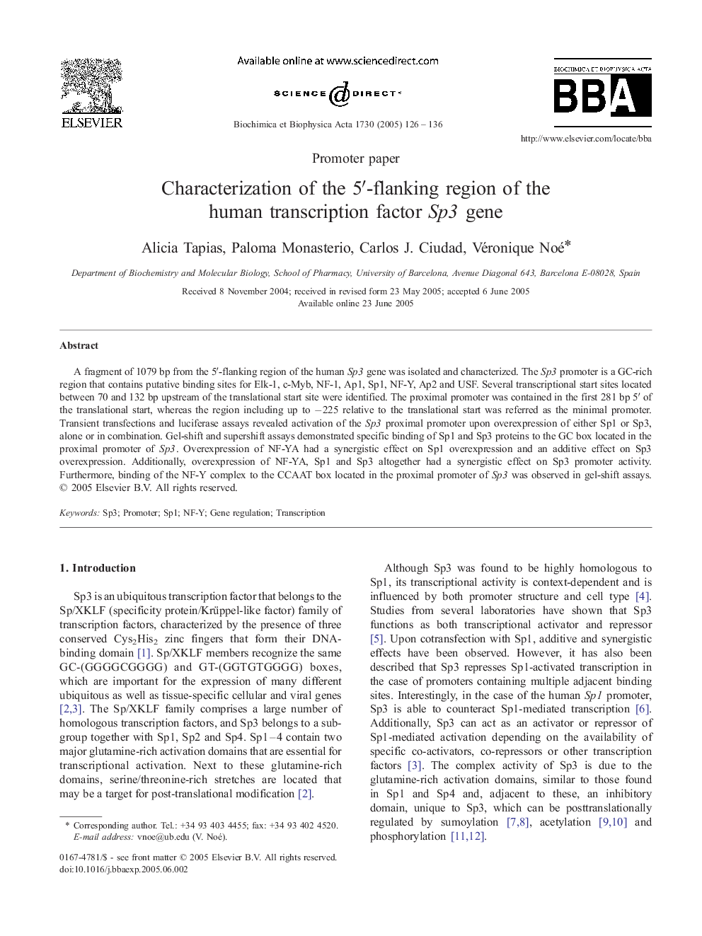 Characterization of the 5â²-flanking region of the human transcription factor Sp3 gene