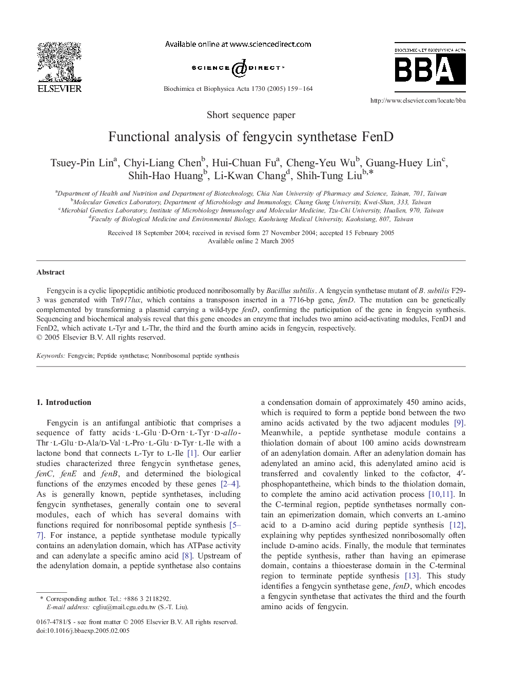 Functional analysis of fengycin synthetase FenD