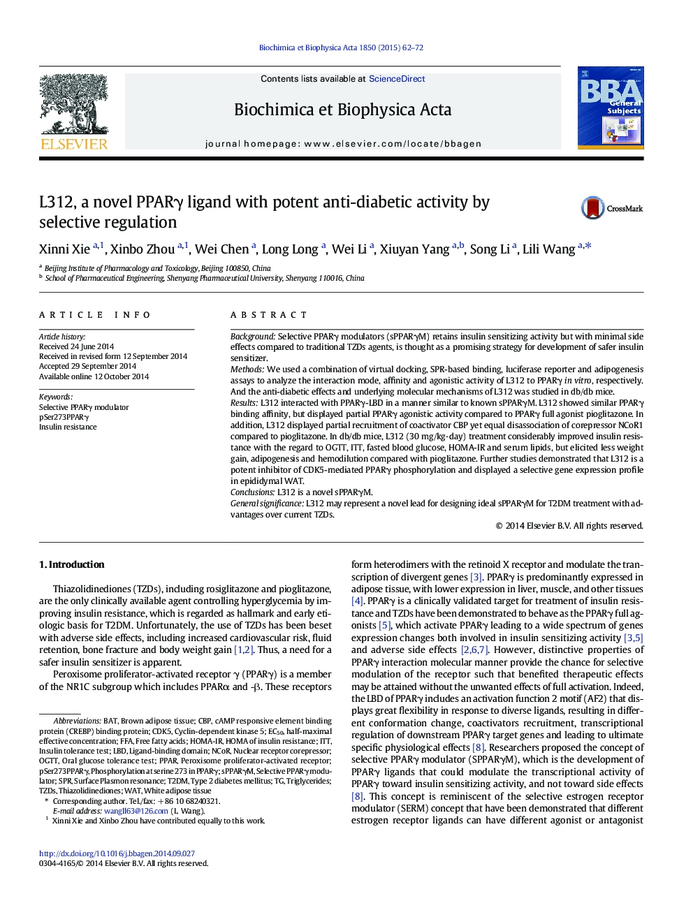 L312, a novel PPARÎ³ ligand with potent anti-diabetic activity by selective regulation