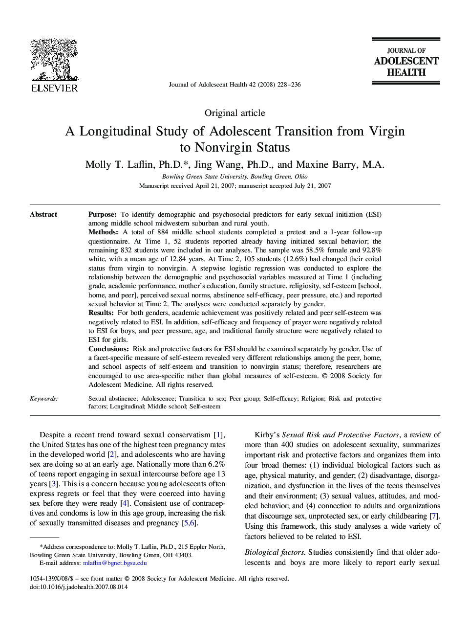 A Longitudinal Study of Adolescent Transition from Virgin to Nonvirgin Status