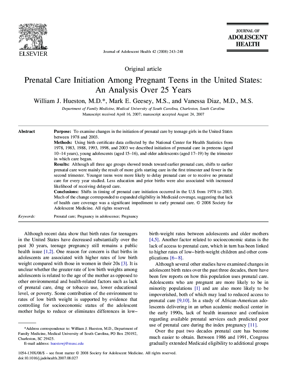 Prenatal Care Initiation Among Pregnant Teens in the United States: An Analysis Over 25 Years