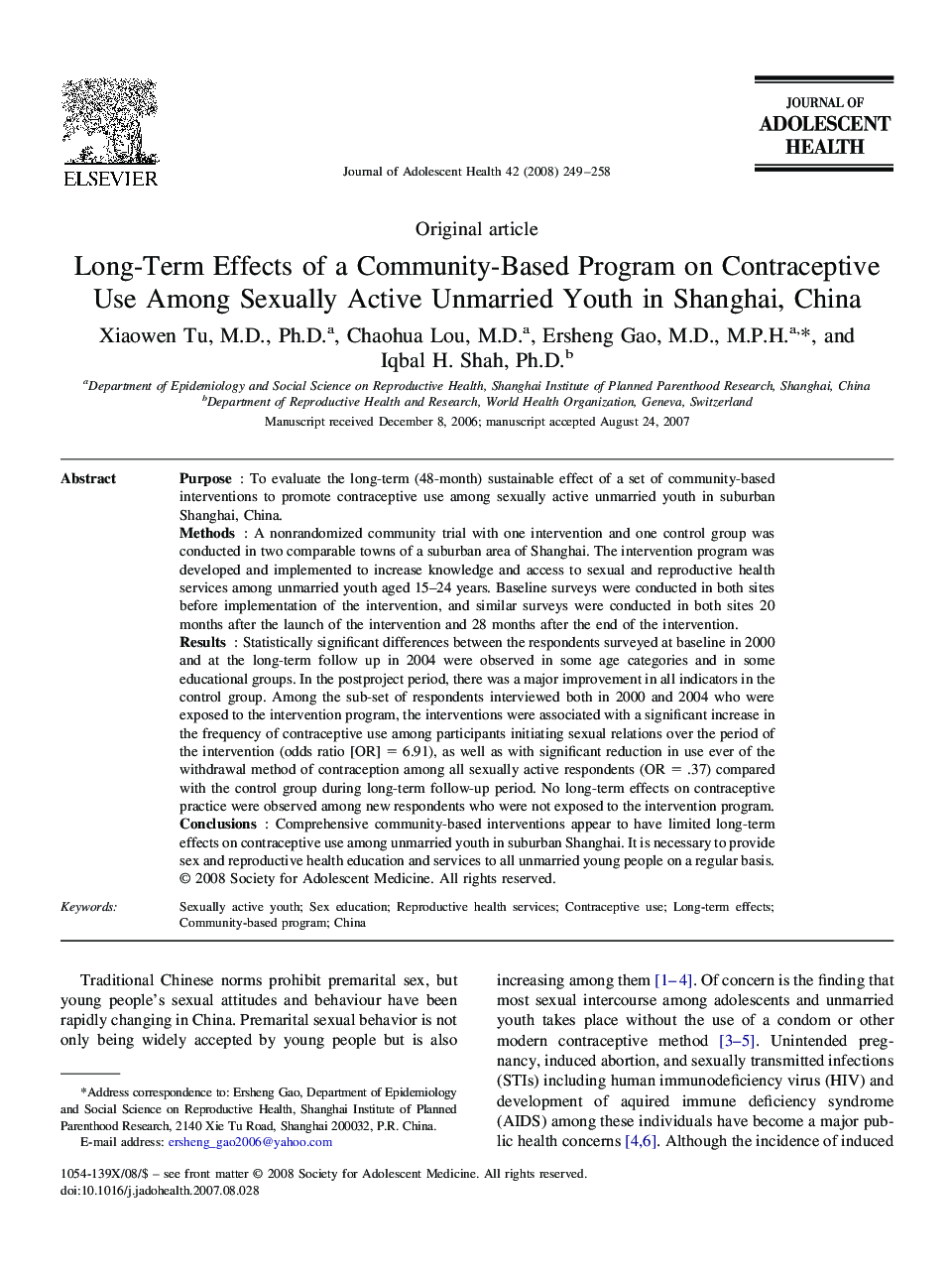 Long-Term Effects of a Community-Based Program on Contraceptive Use Among Sexually Active Unmarried Youth in Shanghai, China