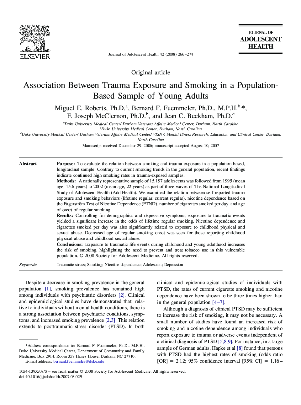 Association Between Trauma Exposure and Smoking in a Population-Based Sample of Young Adults