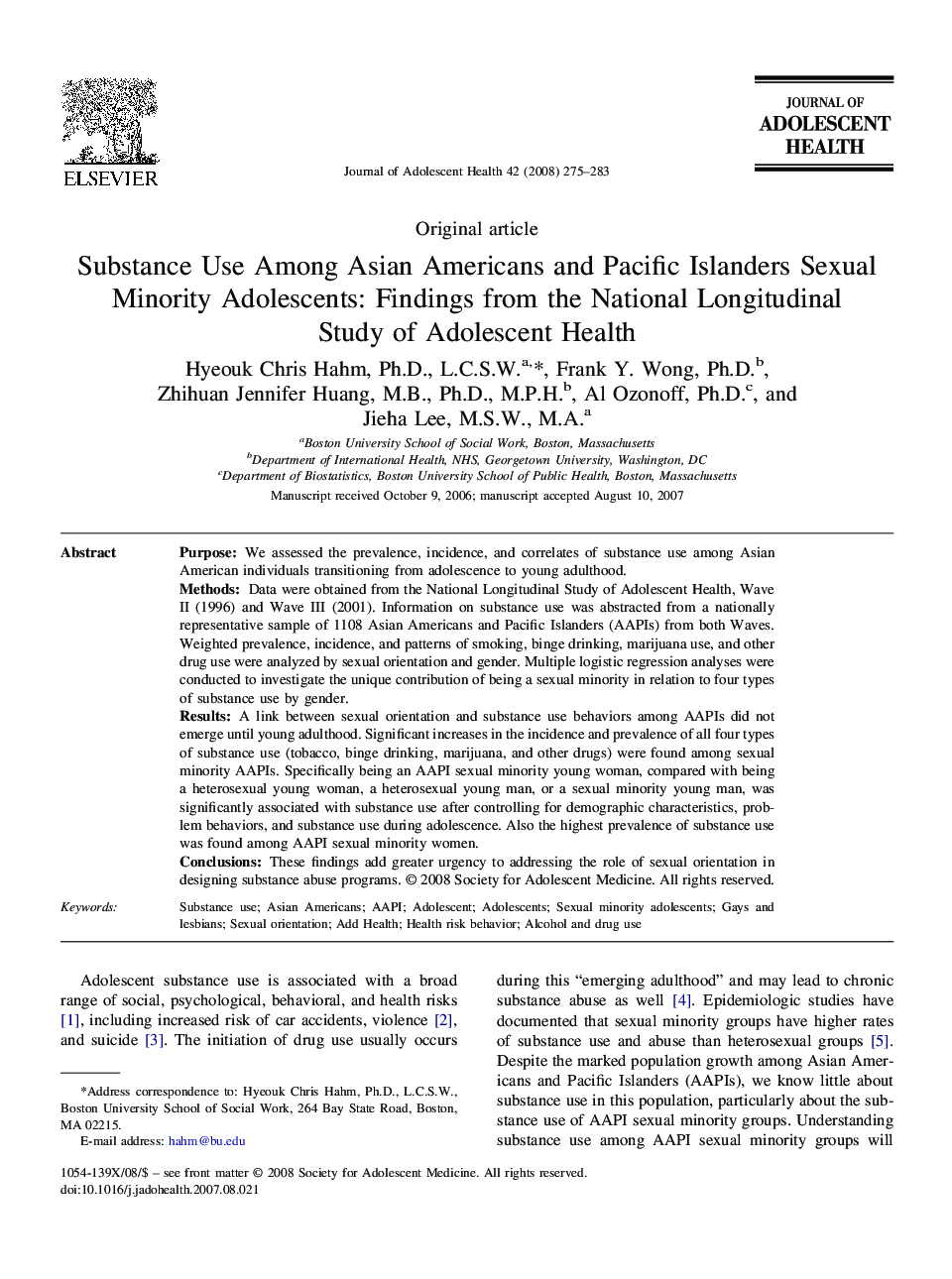 Substance Use Among Asian Americans and Pacific Islanders Sexual Minority Adolescents: Findings from the National Longitudinal Study of Adolescent Health