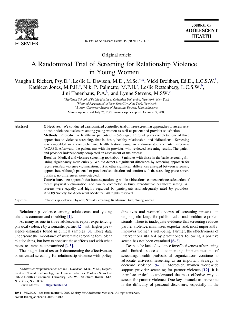 A Randomized Trial of Screening for Relationship Violence in Young Women