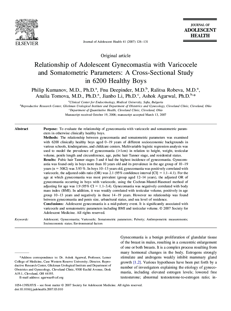 Relationship of Adolescent Gynecomastia with Varicocele and Somatometric Parameters: A Cross-Sectional Study in 6200 Healthy Boys