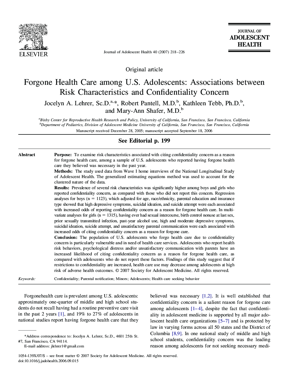 Forgone Health Care among U.S. Adolescents: Associations between Risk Characteristics and Confidentiality Concern