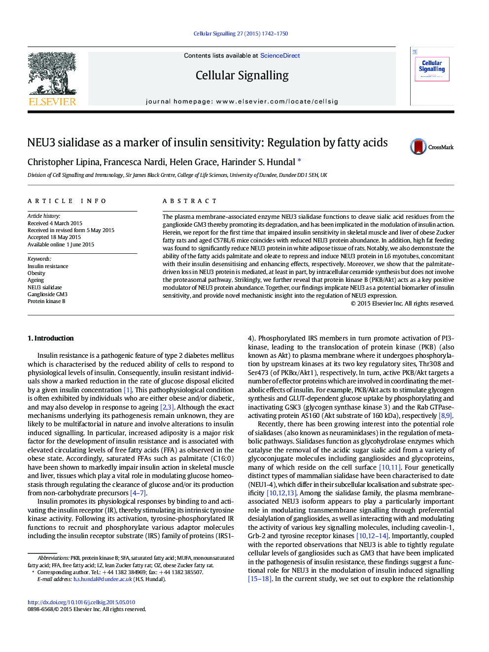 NEU3 sialidase as a marker of insulin sensitivity: Regulation by fatty acids