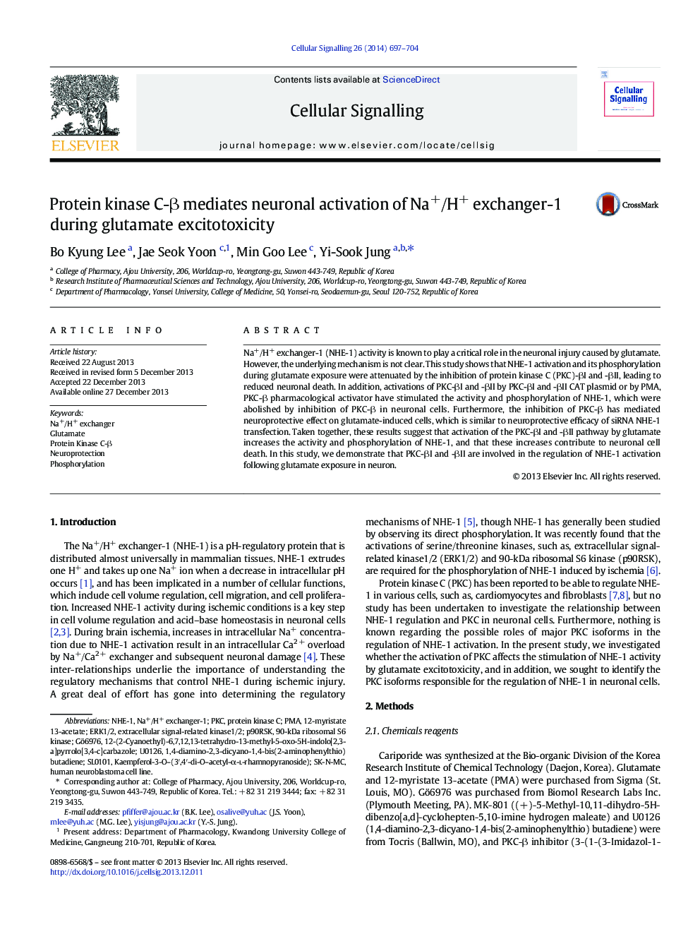 Protein kinase C-Î² mediates neuronal activation of Na+/H+ exchanger-1 during glutamate excitotoxicity