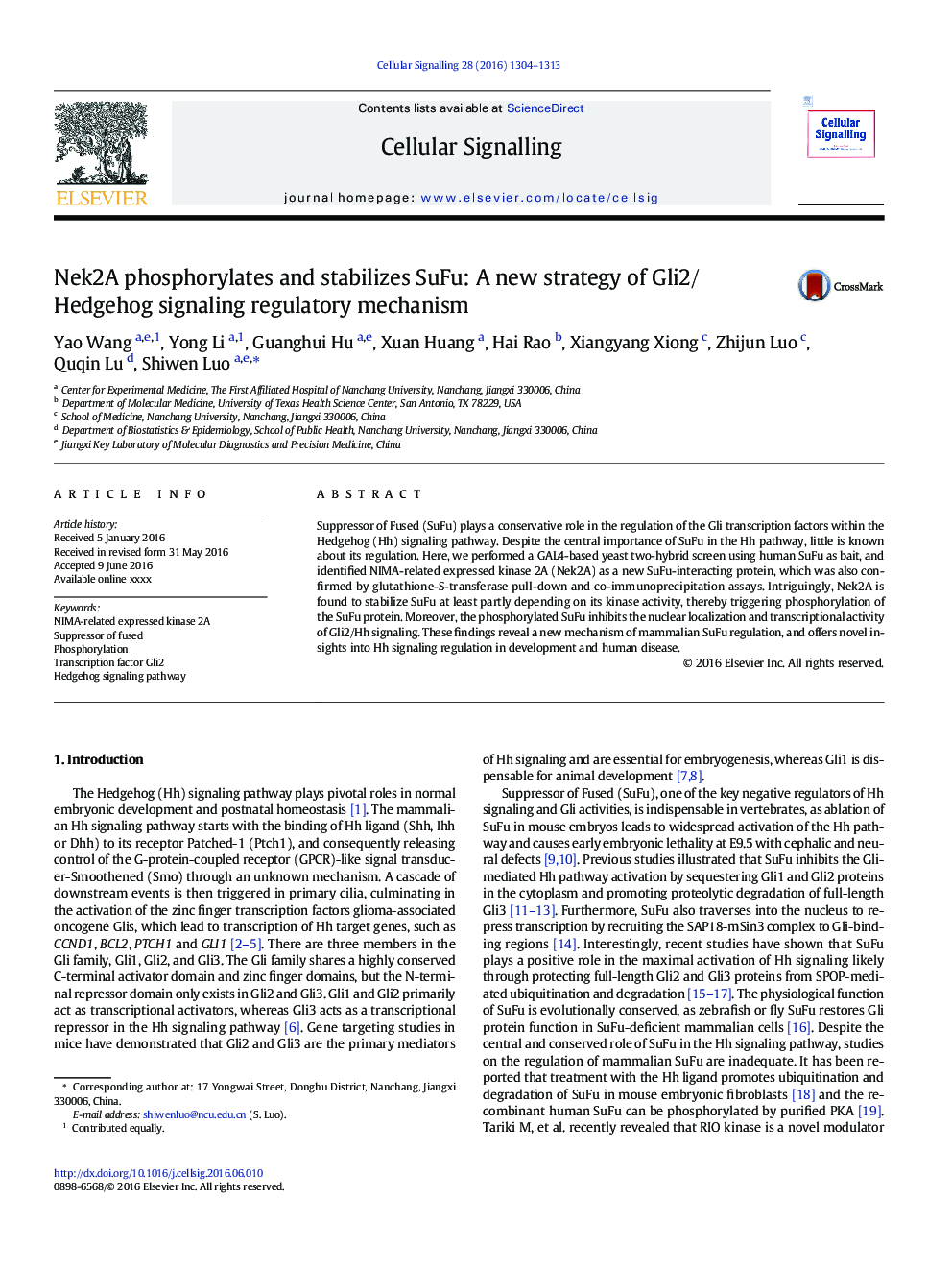 Nek2A phosphorylates and stabilizes SuFu: A new strategy of Gli2/Hedgehog signaling regulatory mechanism