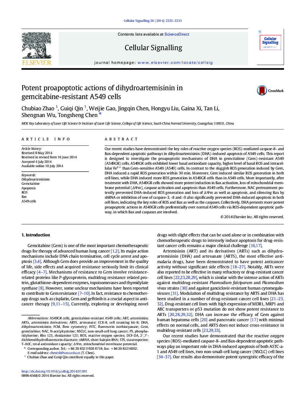 Potent proapoptotic actions of dihydroartemisinin in gemcitabine-resistant A549 cells