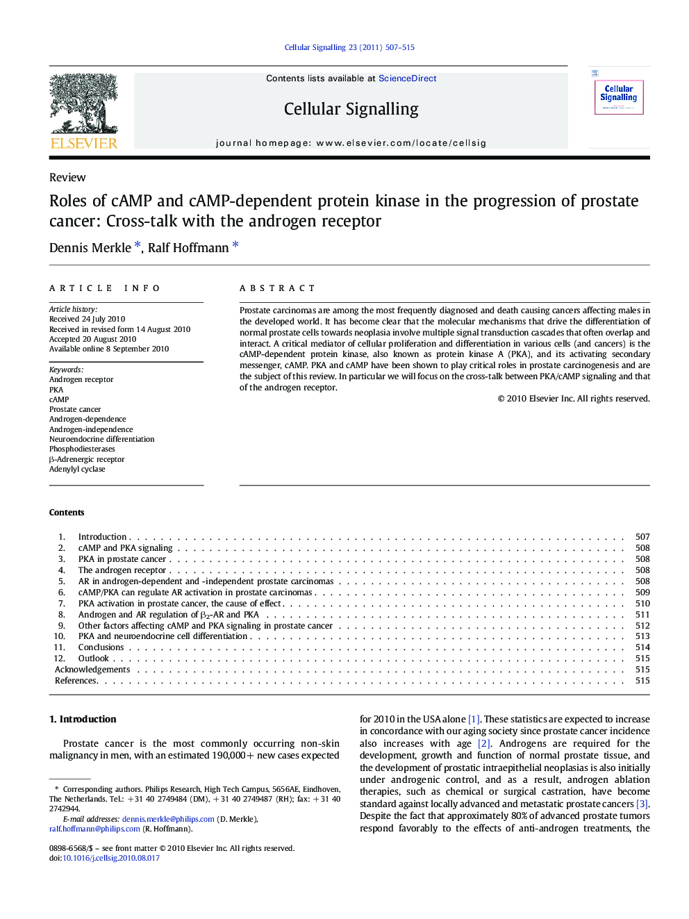 Roles of cAMP and cAMP-dependent protein kinase in the progression of prostate cancer: Cross-talk with the androgen receptor