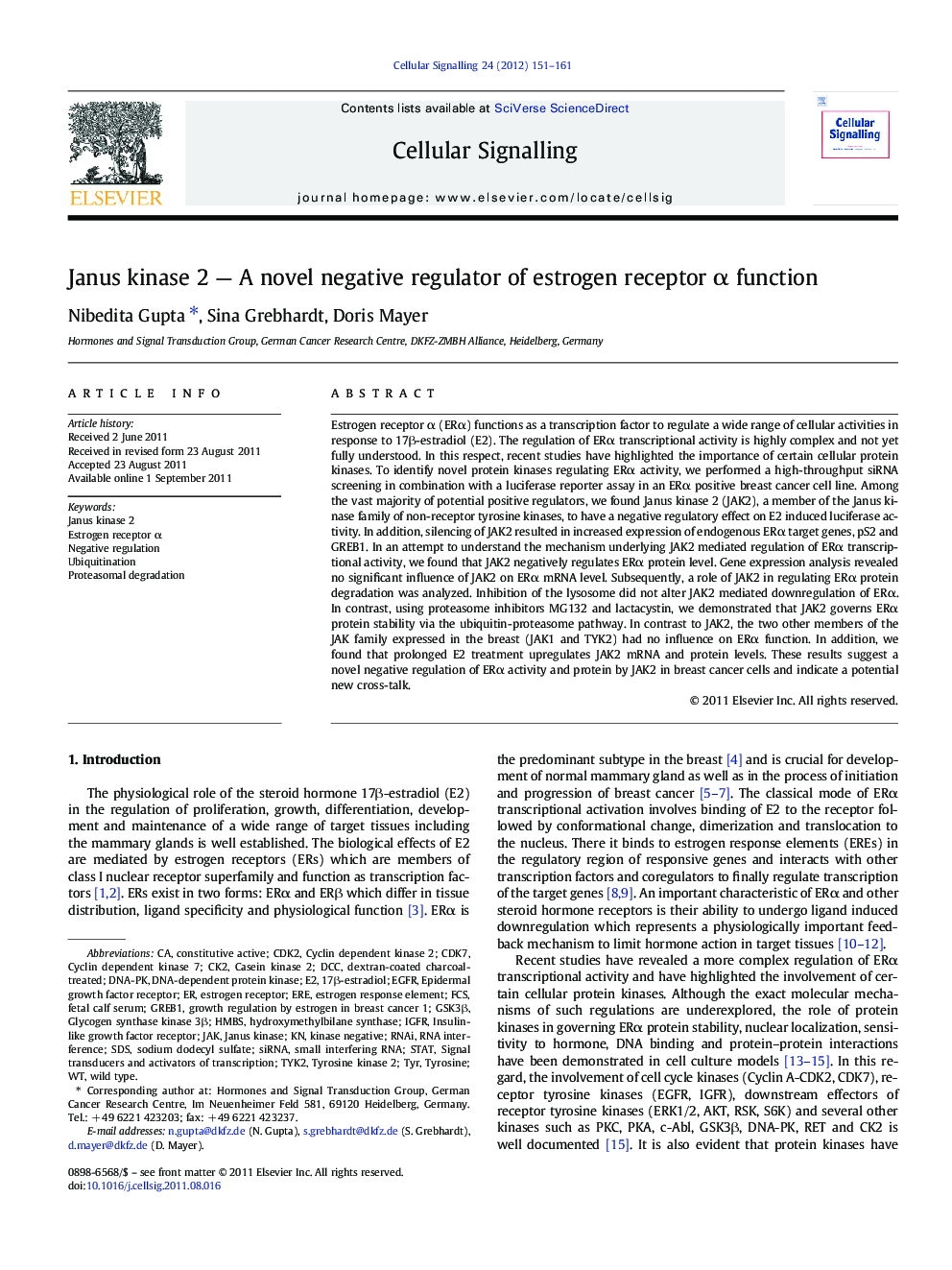 Janus kinase 2 - A novel negative regulator of estrogen receptor Î± function