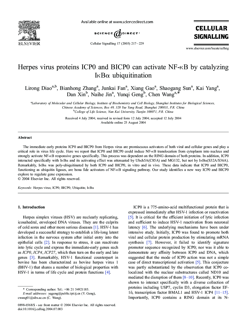 Herpes virus proteins ICP0 and BICP0 can activate NF-ÎºB by catalyzing IÎºBÎ± ubiquitination