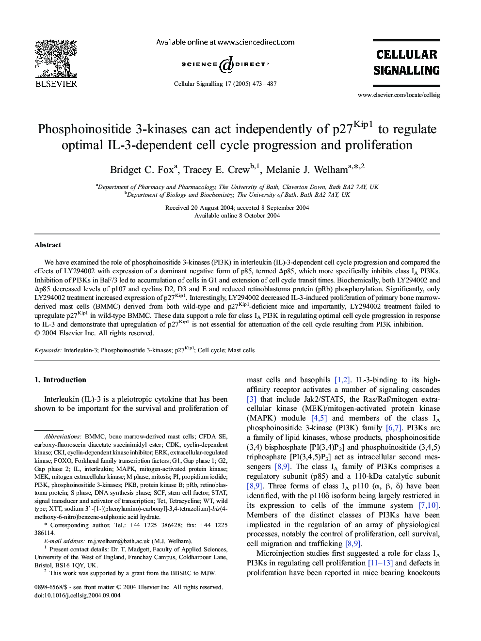 Phosphoinositide 3-kinases can act independently of p27Kip1 to regulate optimal IL-3-dependent cell cycle progression and proliferation