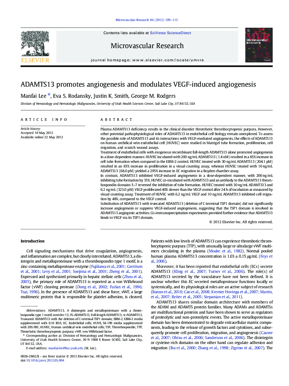 ADAMTS13 promotes angiogenesis and modulates VEGF-induced angiogenesis