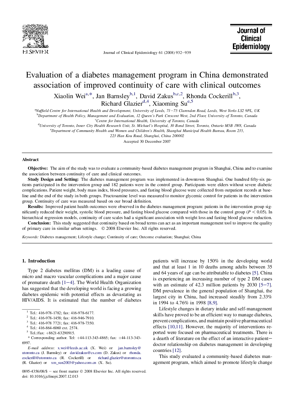 Evaluation of a diabetes management program in China demonstrated association of improved continuity of care with clinical outcomes