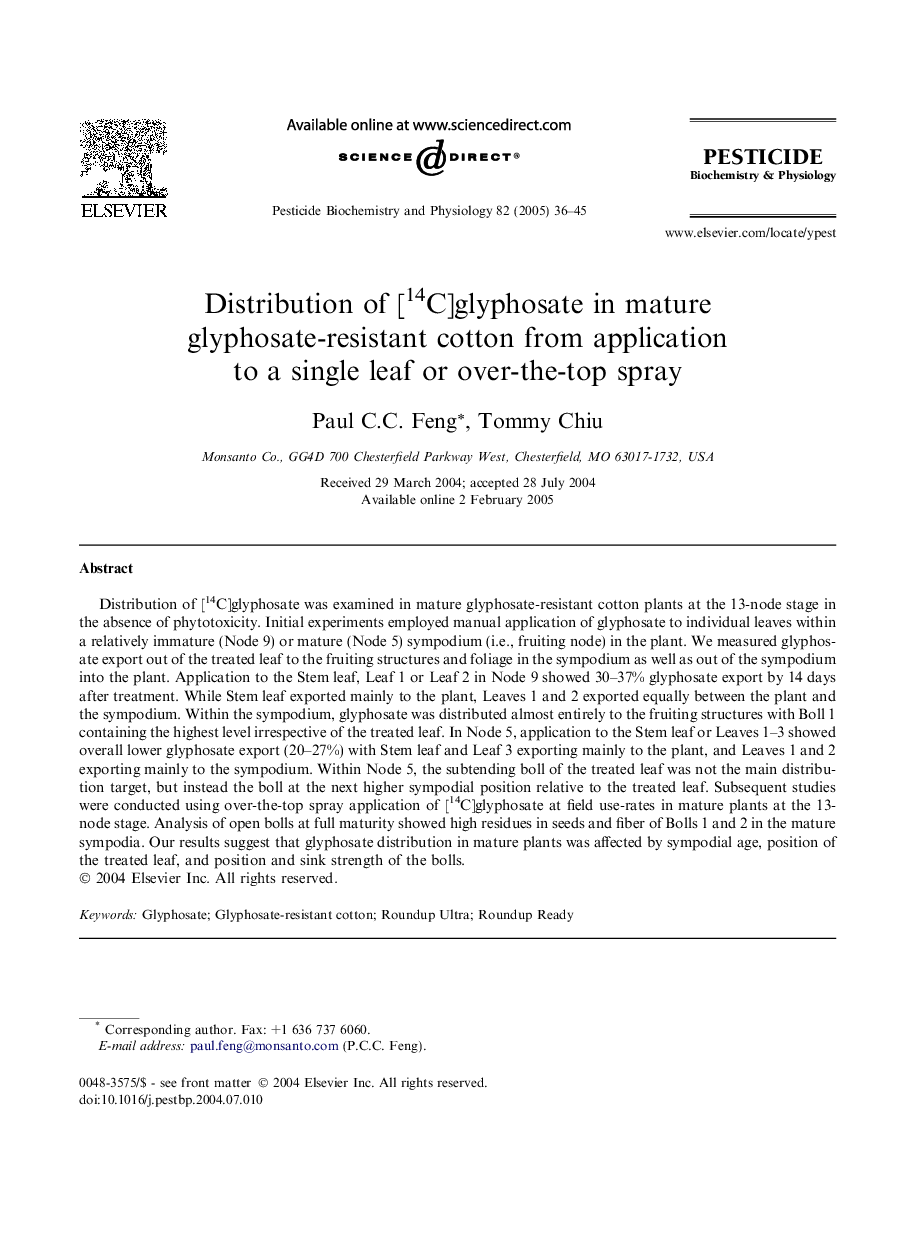 Distribution of [14C]glyphosate in mature glyphosate-resistant cotton from application to a single leaf or over-the-top spray