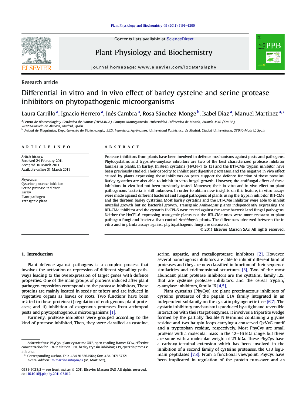 Differential in vitro and in vivo effect of barley cysteine and serine protease inhibitors on phytopathogenic microorganisms