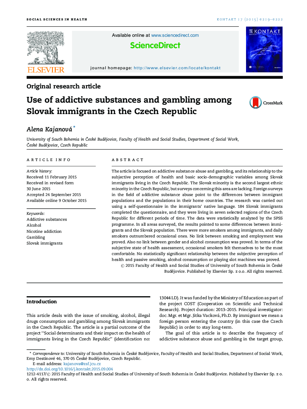 استفاده از مواد اعتیادآور و قمار در میان مهاجران اسلواکی در جمهوری چک