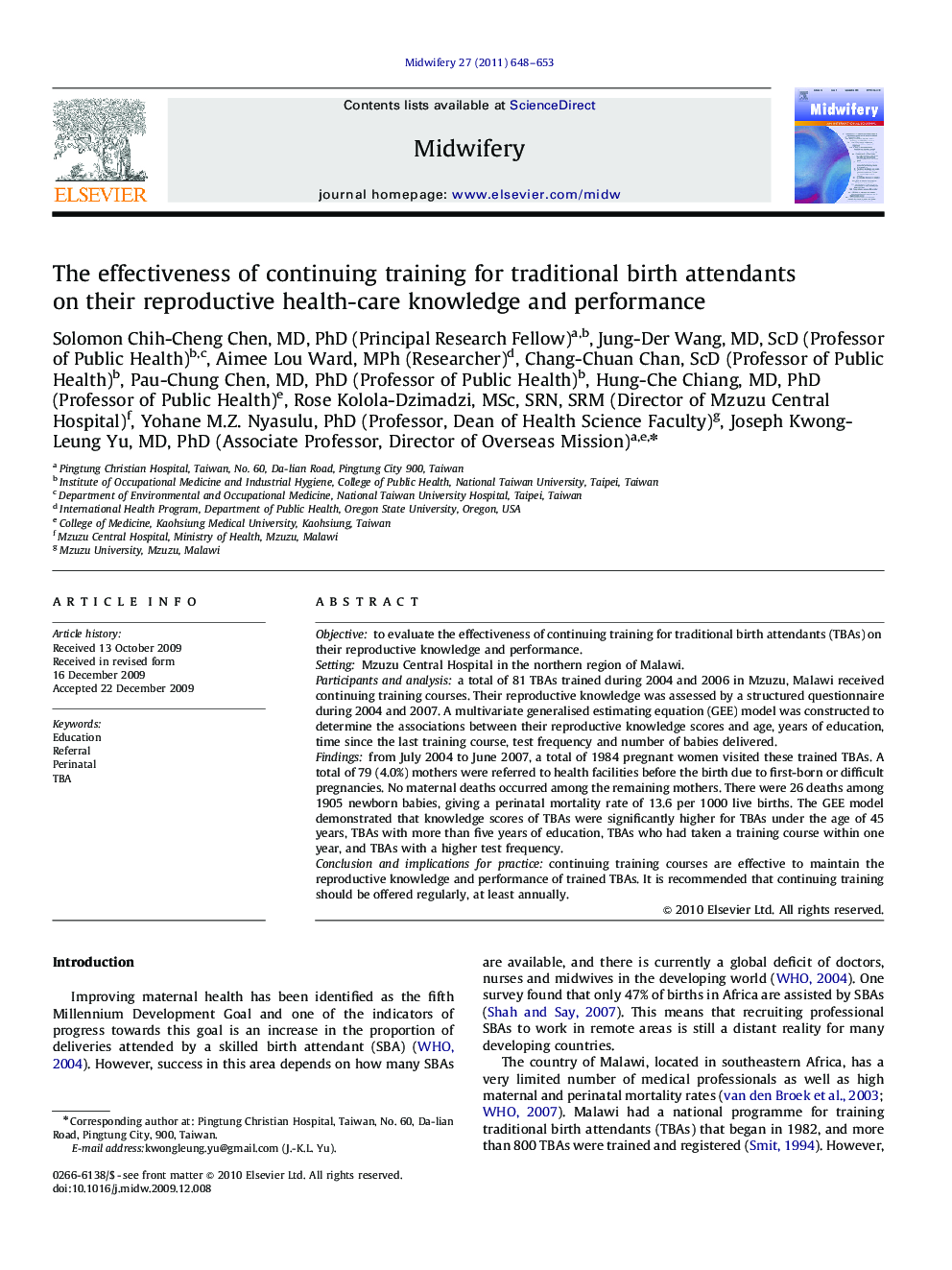 The effectiveness of continuing training for traditional birth attendants on their reproductive health-care knowledge and performance