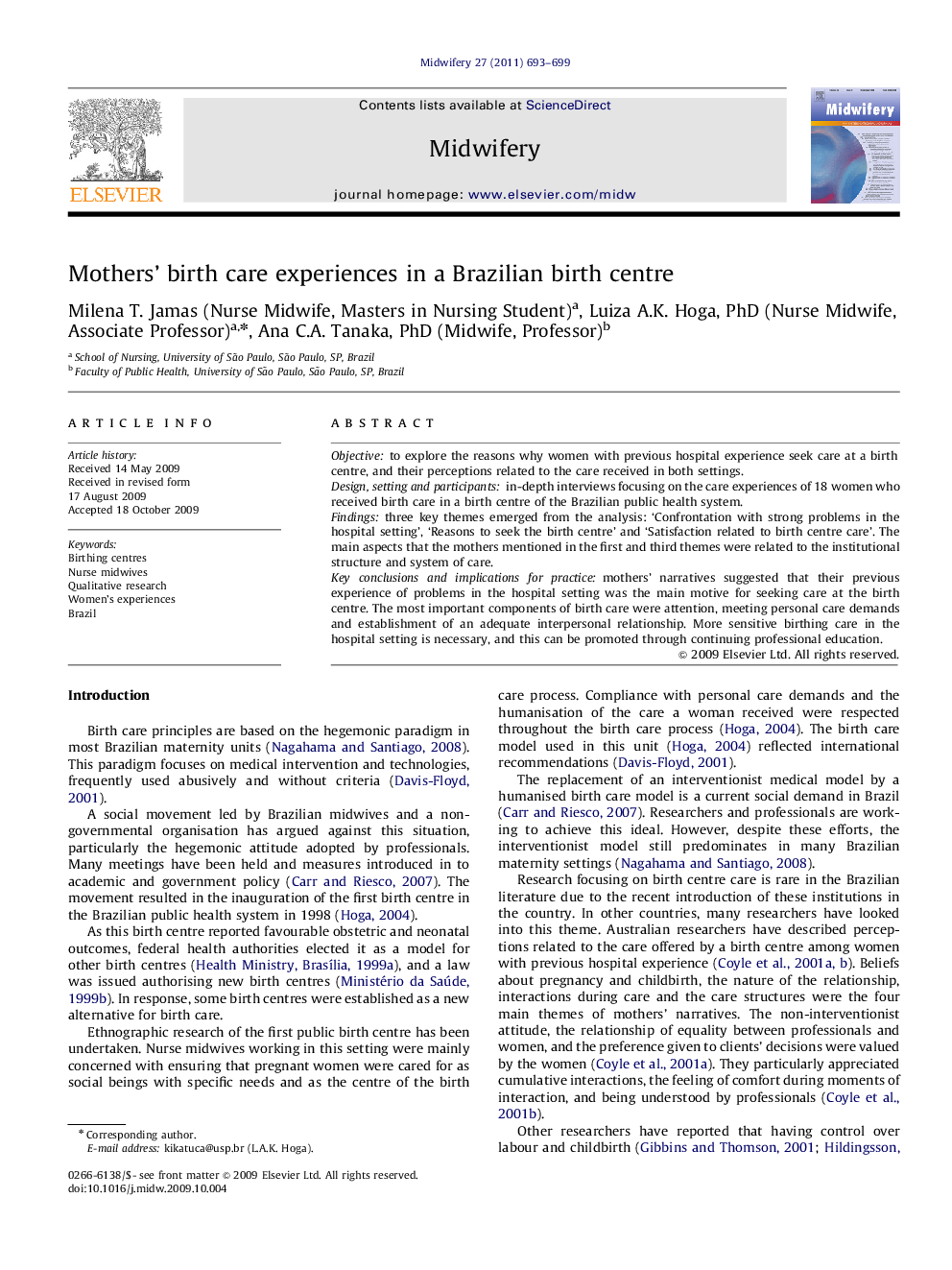 Mothers’ birth care experiences in a Brazilian birth centre