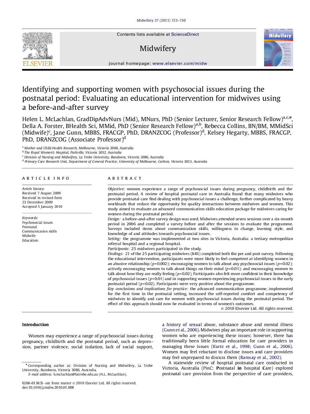 Identifying and supporting women with psychosocial issues during the postnatal period: Evaluating an educational intervention for midwives using a before-and-after survey