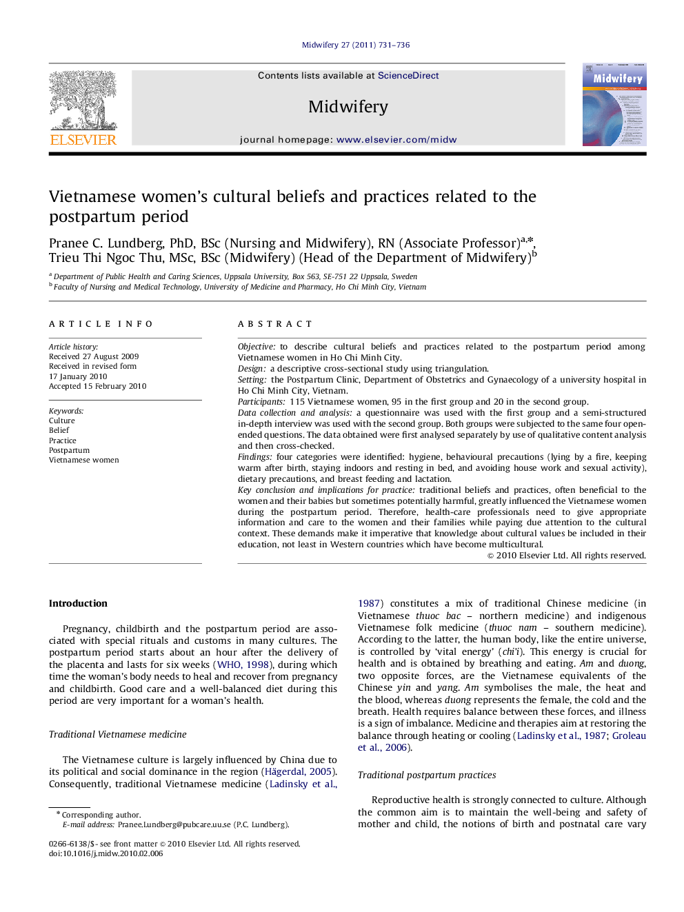 Vietnamese women’s cultural beliefs and practices related to the postpartum period