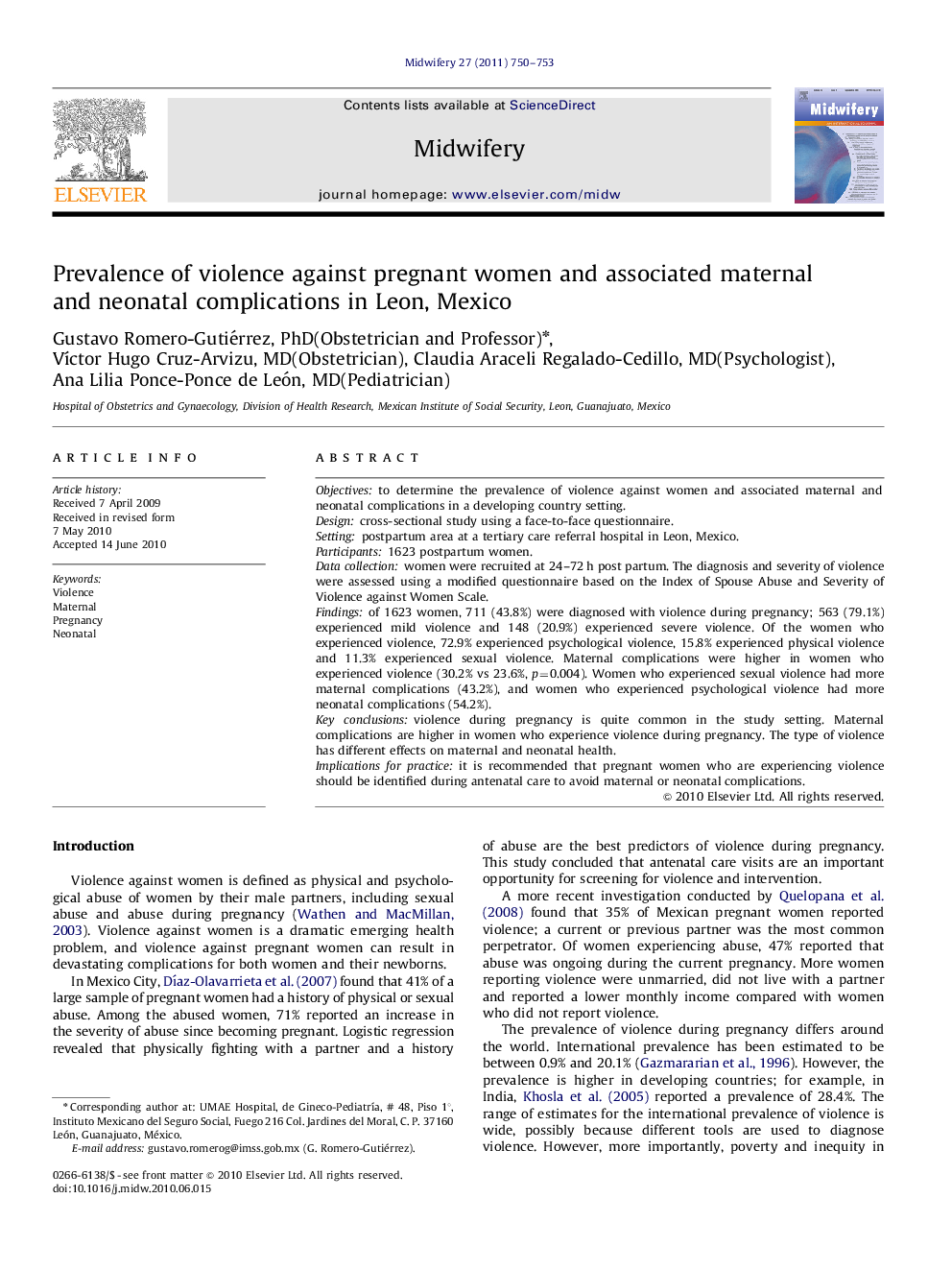 Prevalence of violence against pregnant women and associated maternal and neonatal complications in Leon, Mexico