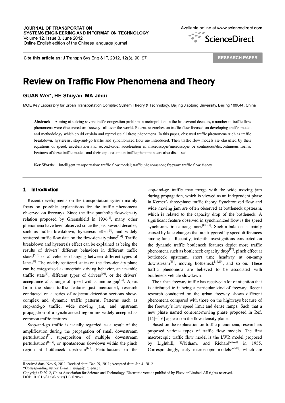 Review on Traffic Flow Phenomena and Theory