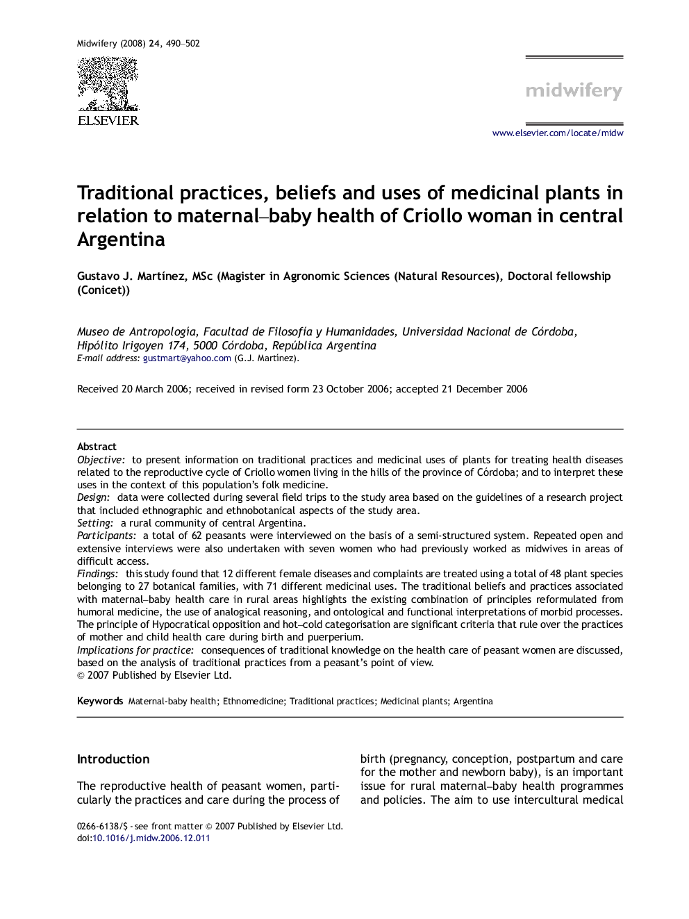 Traditional practices, beliefs and uses of medicinal plants in relation to maternal–baby health of Criollo woman in central Argentina