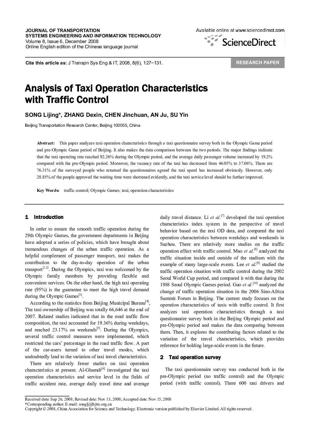 Analysis of Taxi Operation Characteristics with Traffic Control