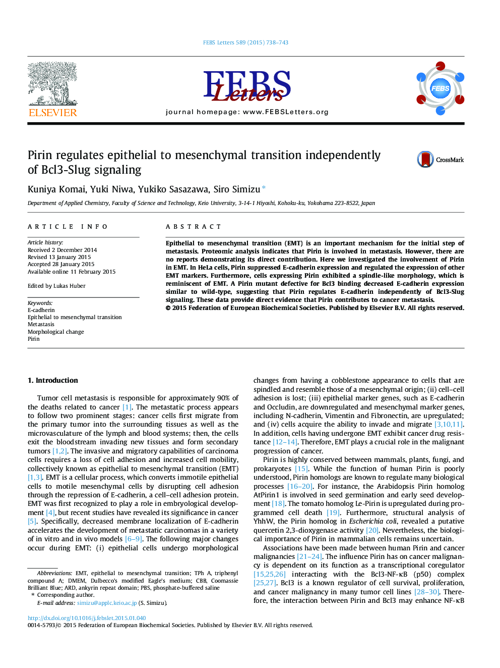 Pirin regulates epithelial to mesenchymal transition independently of Bcl3-Slug signaling