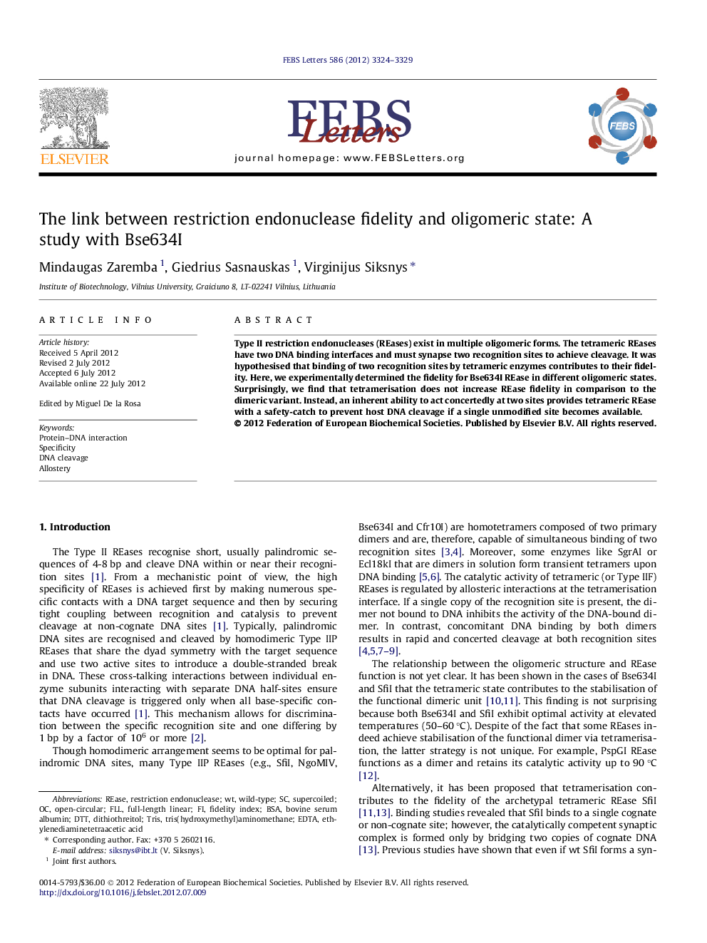 The link between restriction endonuclease fidelity and oligomeric state: A study with Bse634I