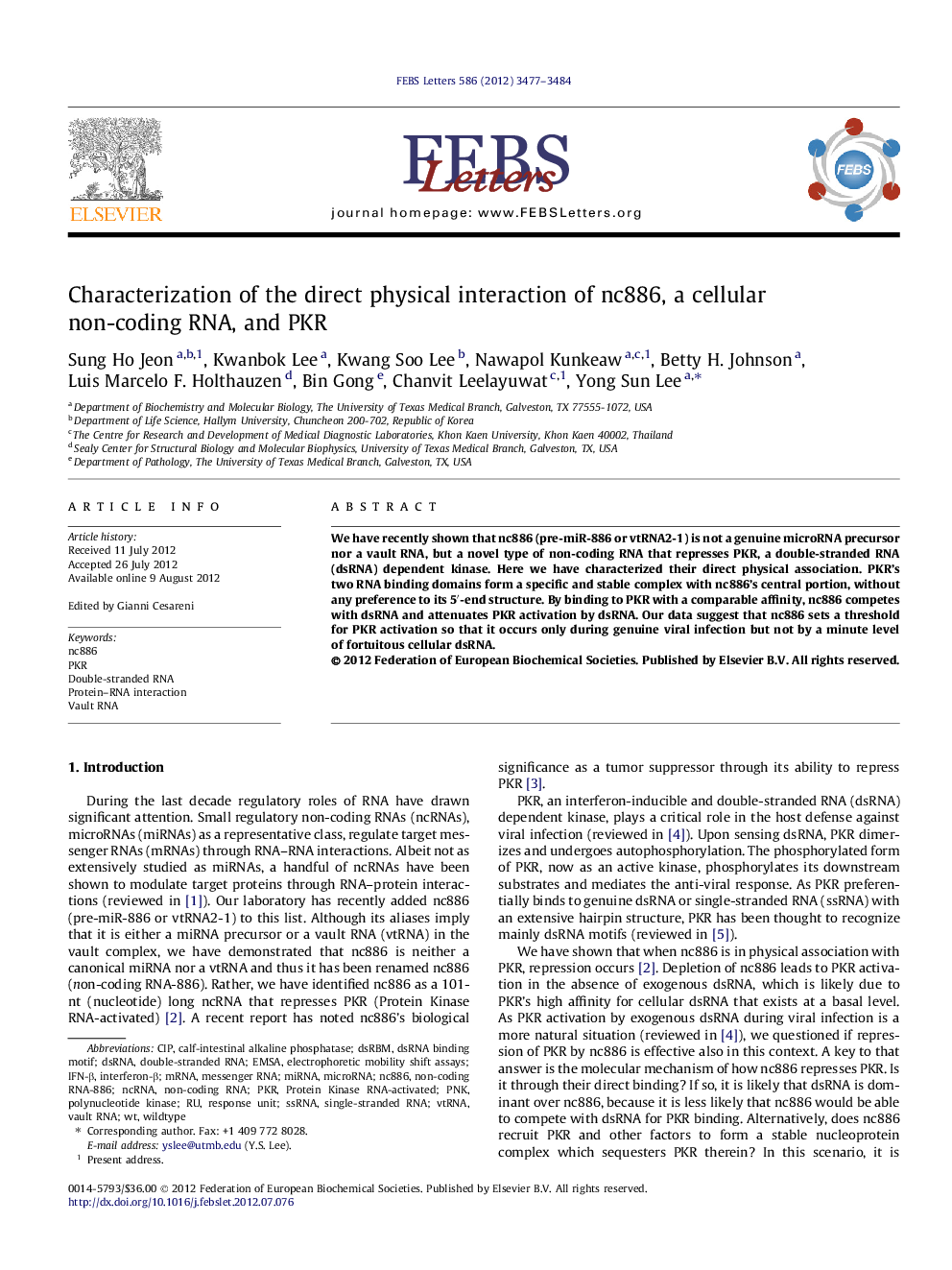 Characterization of the direct physical interaction of nc886, a cellular non-coding RNA, and PKR