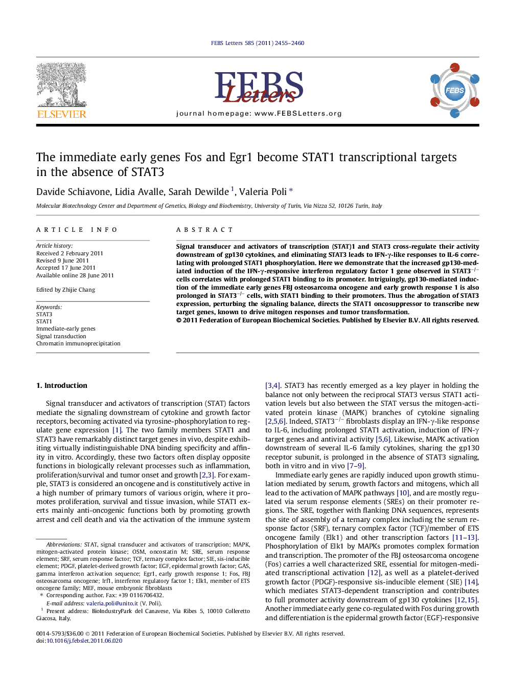 The immediate early genes Fos and Egr1 become STAT1 transcriptional targets in the absence of STAT3