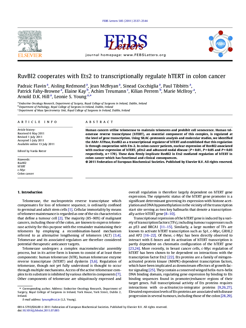 RuvBl2 cooperates with Ets2 to transcriptionally regulate hTERT in colon cancer