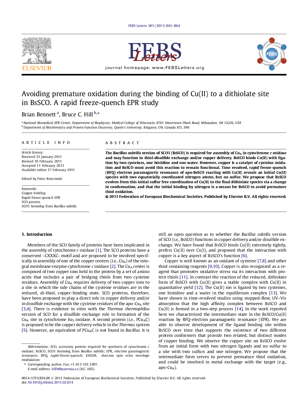 Avoiding premature oxidation during the binding of Cu(II) to a dithiolate site in BsSCO. A rapid freeze-quench EPR study