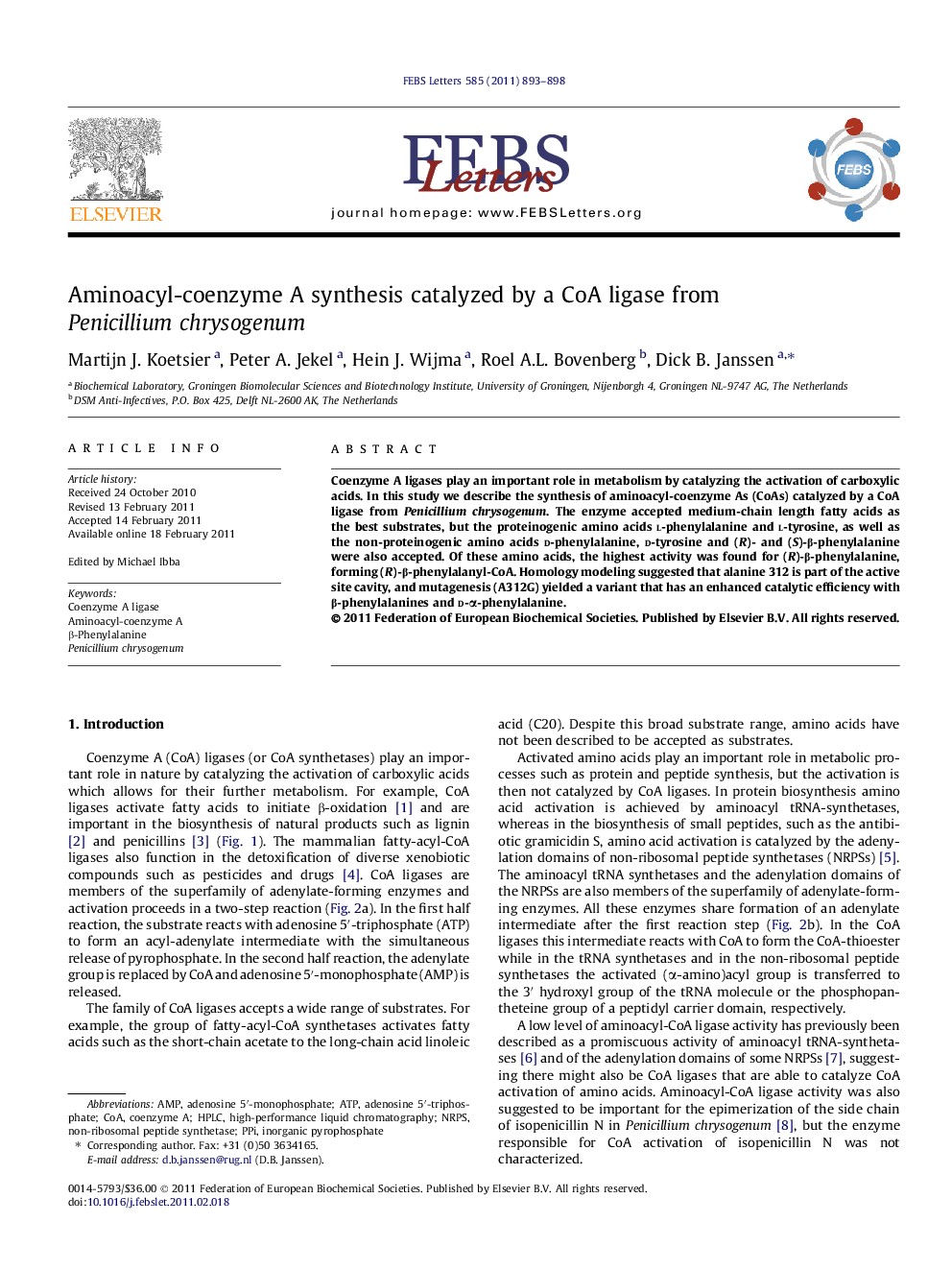 Aminoacyl-coenzyme A synthesis catalyzed by a CoA ligase from Penicillium chrysogenum