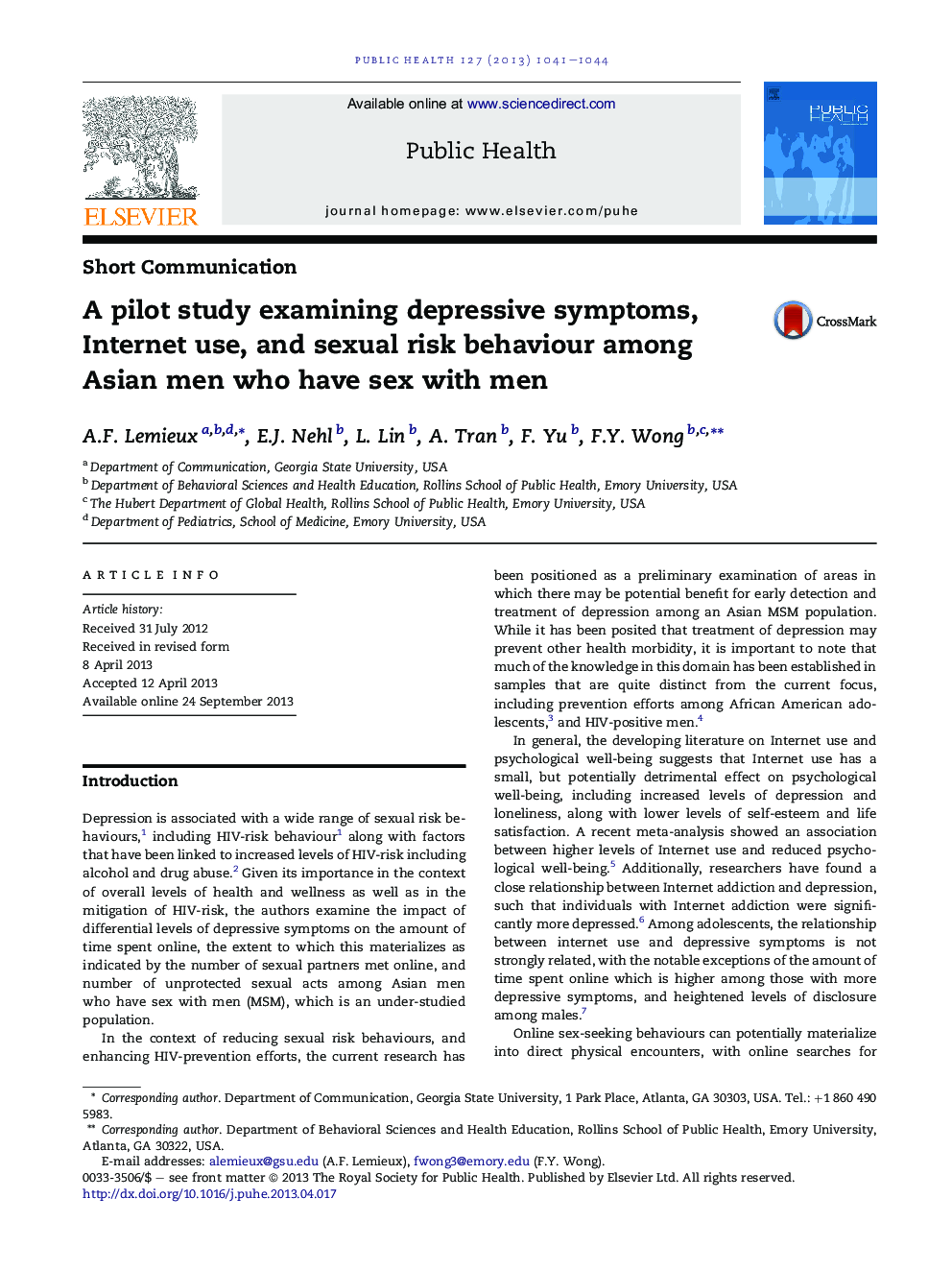 A pilot study examining depressive symptoms, Internet use, and sexual risk behaviour among Asian men who have sex with men