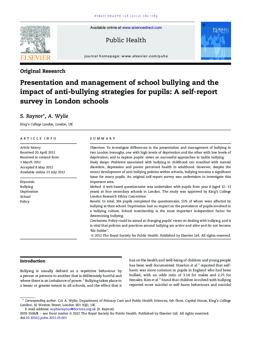 Presentation and management of school bullying and the impact of anti-bullying strategies for pupils: A self-report survey in London schools