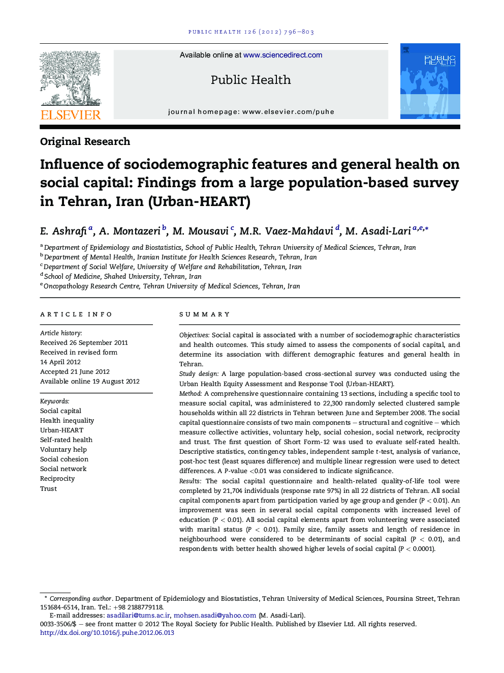 Influence of sociodemographic features and general health on social capital: Findings from a large population-based survey in Tehran, Iran (Urban-HEART)